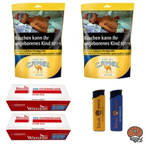 Camel Volumentabak Beutel 2x 96g + 500 Winston Extra Hülsen + 2 Feuerzeuge - Bild 1 von 5