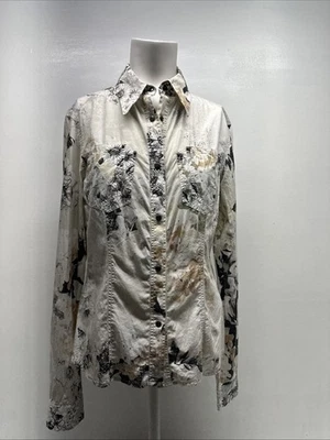Blusa Just Cavalli Cuello A Presión Manga Larga Algodón Camisa Floral Blanca M Foto 1 de 4