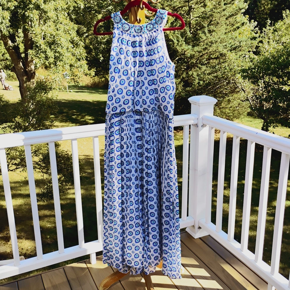 NAZILA COUTURE siz L Blue Evil Eye Maxi Dress Mirror Bead Embroidery Boho India - Image 1 of 4