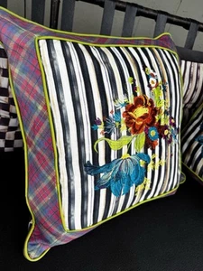 MACKENZIE CHILDS 20x20 Courtly Stripe Tartan Tulip Pillow- Excellent - Picture 1 of 7