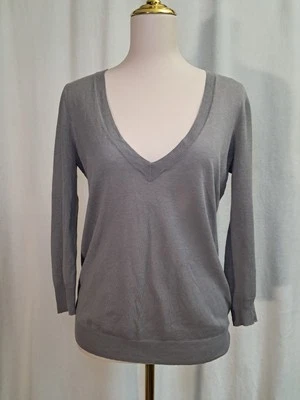 J.Crew S 码丝绸亚麻混纺 3/4 袖低 V 领半透明毛衣 — 第 1/4 张图片