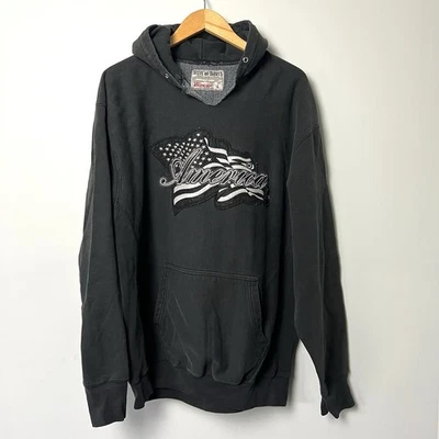 VTG Men’s Steve & Barry's Black Hoodie sz L Distressed Faded America Flag 90s - Image 1 of 4