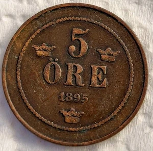 SWEDEN 1895 (FIVE) 5 ORE   BRONZE OSCAR II ) KM#757 - Picture 1 of 2