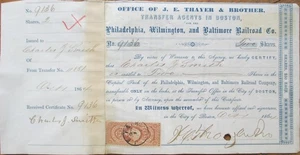 Filadelfia Wilmington y Baltimore Railroad 1864 Certificado de Stock PA DE MD - Imagen 1 de 1