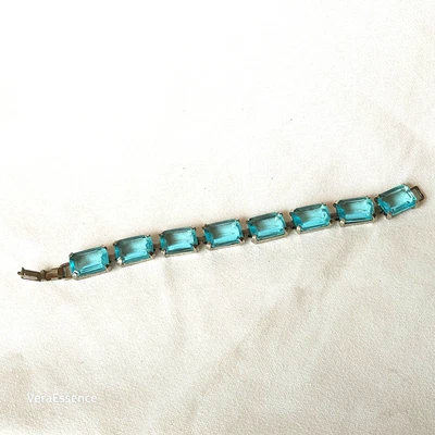 Brazalete De Colección Tono Plata Espuma de Mar Azul Cristal Corte Cojín Grueso Eslabón Estate 7" Foto 1 de 4