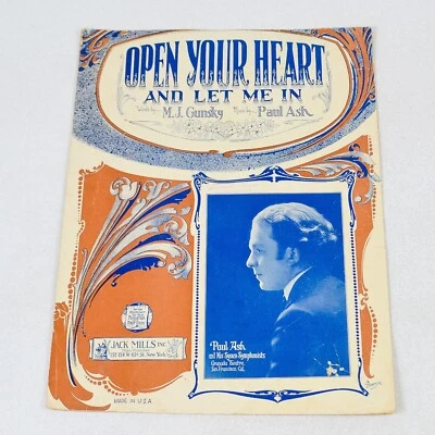 1923 Sheet Music "Open Your Heart & Let Me In" MJ Gunsky & Paul Ash Ornate Cover - Image 1 of 4