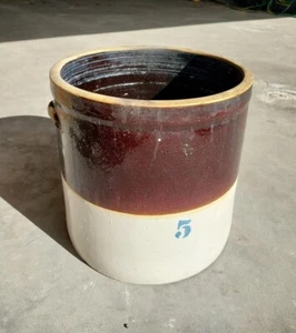 Antique/vintage 5 gallon stoneware crock/pickling pot, brown and cream - Picture 1 of 3