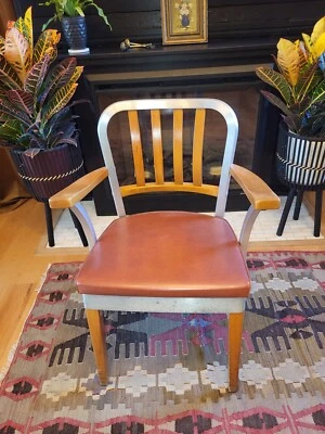 Vintage Shaw Walker Aluminum and Maple Office Armchair Original - Image 1 of 4
