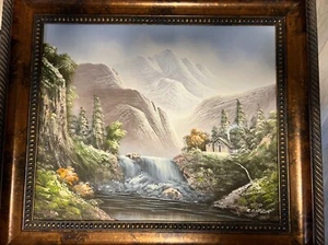 Gerahmt 20x24 R. Boren Gemälde Berg Wasserfall Öl auf Leinwand - Bild 1 von 2