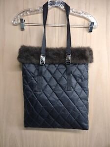 Bath & Body Works Hot Off The Slopes Fur Trim Black Quilted Tote Bag