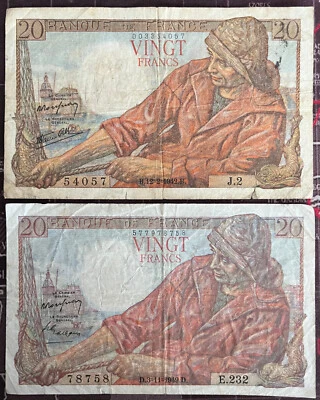 FRANCE 1942 & 1949 LE PECHEUR 20 FRANC NOTES (2 NOTES) - Image 1 of 2