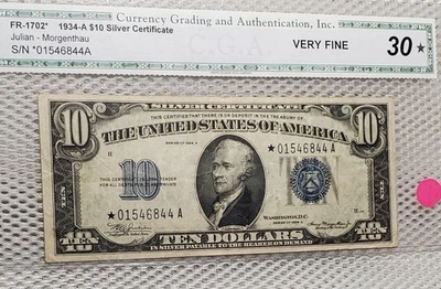 *Star* 1934 A $10 Silver Certificate STAR Note Blue Seal A Block Rarer A Series - Image 1 of 4