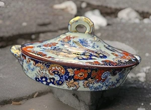 Antique Flow Blue Chinoiserie Covered Tureen Serving Asian Dish Bowl Gold Trim - Picture 1 of 23