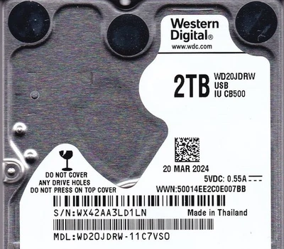 WD20JDRW-11C7VS0 s/n: WX42AA Thailand MAR/2024 2TB 2.5 USB 3.0 FirebirdLITE-2 WD - Image 1 of 4