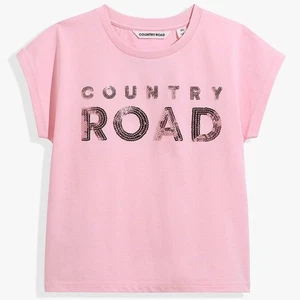 Country Road Girls Logo Sequin T-Shirt Size 10 Pink 100% Cotton SS Tee NWT - Picture 1 of 7