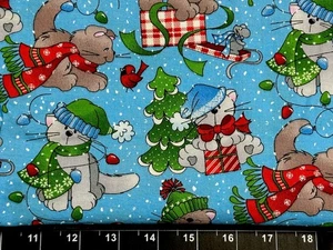 Tina Scrap 9"x21" Cat Kitten Kitty Christmas Tree Lights Blue Cotton Fabric - Picture 1 of 1