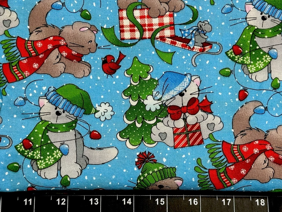 Tina Scrap 9"x21" Cat Kitten Kitty Christmas Tree Lights Blue Cotton Fabric - Image 1 of 1