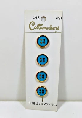 Vintage Costumakers Gold Blue Buttons x 4 Pieces 4-hole Buttons 5/8" Card B65 - Image 1 of 4