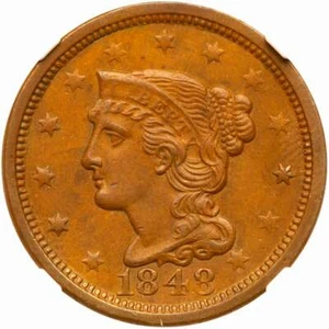 1848 N-37 R-5- NGC MS 63 BN Braided Hair Large Cent Coin 1c - Picture 1 of 3