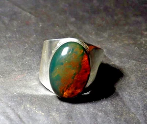 Anillo de plata de ley .925 ámbar naranja verde cristalino #13,5 para hombre unisex - Imagen 1 de 6