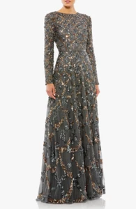 NWT Mac Duggal Gray Embellished Illusion High Neck Long Sleeve A Line Gown Sz 12 - Picture 1 of 10