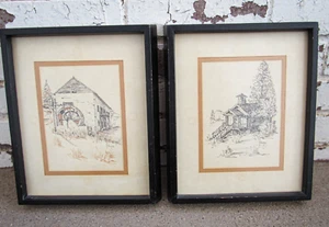 Vintage Wall Art-Set of 2 Original Drawings by Flo Huey New Mexico- Chapel Mill - Picture 1 of 7