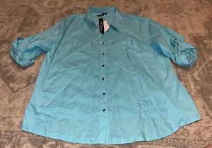 New CATHY Blue Button Down Top 3/4 Roll Tab Sleeve Shirt WOMENS Plus Sz 2XL - Picture 1 of 6