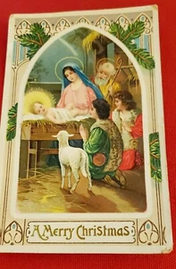 Vintage 1900er Vintage Krippe Postkarte "Frohe Weihnachten" schöne Farbe JESUS & MARIA - Bild 1 von 9