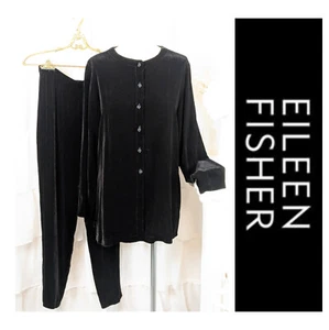 Eileen Fisher Black Silk Rayon Velvet 2 Pc Button Up Tunic Top & Leggings Sz S - Bild 1 von 11