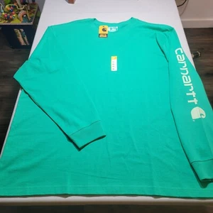 Carhartt Mens Shirt XXL 2XL Green Long Sleeve Crew Neck Loose Fit Work Wear Logo - Picture 1 of 11