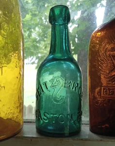 SEITZ BROS EASTON,PA PRETTY TEAL 1860s LONG NECK SQUAT SODA BOTTLE APPLIED BLOB - Picture 1 of 12