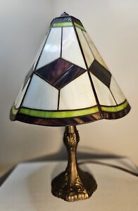 Tiffany Style Vintage Stained Glass Table Lamp Green/Brown Geometric Art Deco
