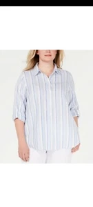 Charter Club PLUS SIZE Blue White Striped Linen Button Down Top NWT 1X #282#707 - Picture 1 of 2