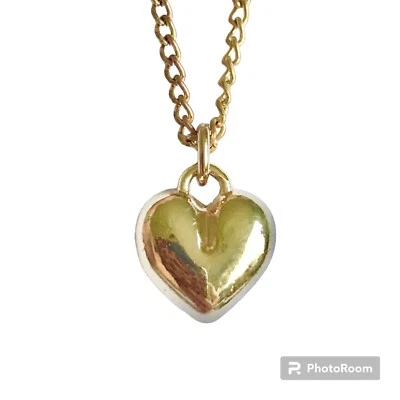 Vintage Gold Heart Necklace Dainty Small Puff Charm 16" Chain Plated Valentine - Image 1 of 4