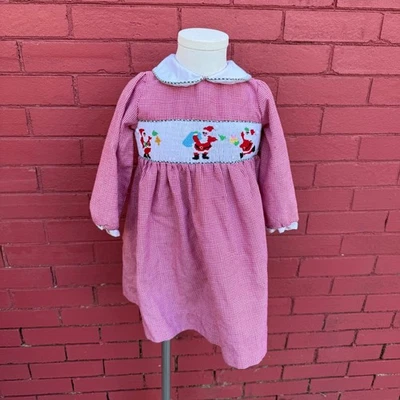Vestido de Natal vintage raro edições crianças meninas vermelho Gingham Smocked Papai Noel 2T - Imagem 1 de 4