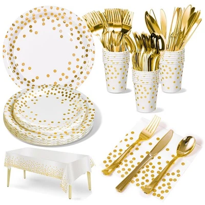 Juego de vajilla de oro blanco para fiestas platos de papel servilletas tazas 141 piezas Foto 1 de 4