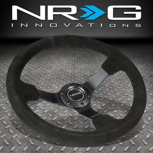 NRG REINFORCED 350MM 3"DEEP DISH SUEDE GRIP MATTE BLACK SPOKES STEERING WHEEL - Picture 1 of 5