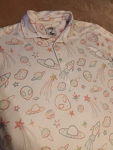 Proud 90 mens polo golf shirt MEDIUM White Neon Allens Planets Space Stars - Picture 1 of 6