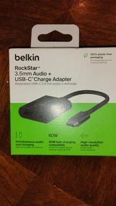 Authentic Belkin Rockstar 3.5MM Audio + USB-C Charge Adapter - Black Brand New - Photo 1/2