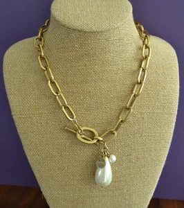 LRL Ralph Lauren 16 in. Gold Tone Link Necklace DROP FAUX PEARL Signed Hang Tag - Picture 1 of 7