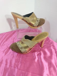 De colección Y2K 2000s Coach Talla 11B Katy Mules Zuecos Tacones Zapatos Marrón Dorado Cuero - Imagen 1 de 10