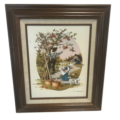 C. Carson Amish Granja Niño y Niña Recogiendo Manzanas Perro Enmarcado 14x12 Pintura Firmada Foto 1 de 4