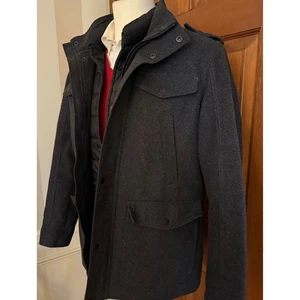 GUESS Mens Wool Blend Military Jacket Size L Gray Detachable Bib Quilted Lining - Picture 1 of 16