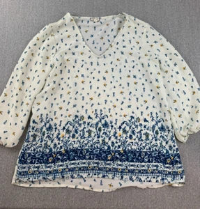 Eyeshadow Boutique Floral Tunic Top Women XL Cream Blue Yellow Bohemian Cottage - Picture 1 of 13