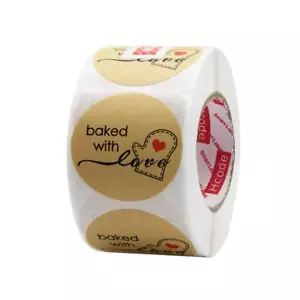 Hcode 500 Natural Kraft Paper Round Baked with Love Stickers with Red Heart i - Picture 1 of 3