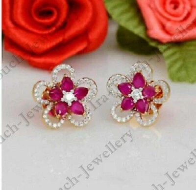 2Ct Pear Lab Created Ruby & Diamond Flower Stud Earrings 14K Yellow Gold Plated - Image 1 of 3