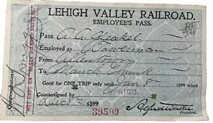 1899 LVRR Lehigh Valley Railroad Employee Pass Card Allentown Mauch Chunk Atq - Picture 1 of 6