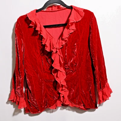 Blusa feminina vintage de veludo de seda vermelha manga 3/4 S escura romântica fada boho - Imagem 1 de 4
