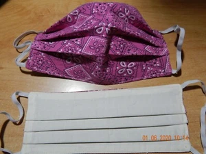 FACE MASK HANDMADE ADULT PLEATED DBL LAYERED PINK COTTON REUSABLE CORD LOCKS - Picture 1 of 10