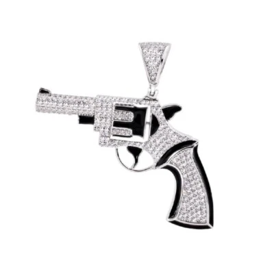 Argento Sterling Girevole Pistola Revolver Smalto Nero Hip Hop Ciondolo Con / Cz - Immagine 1 di 2